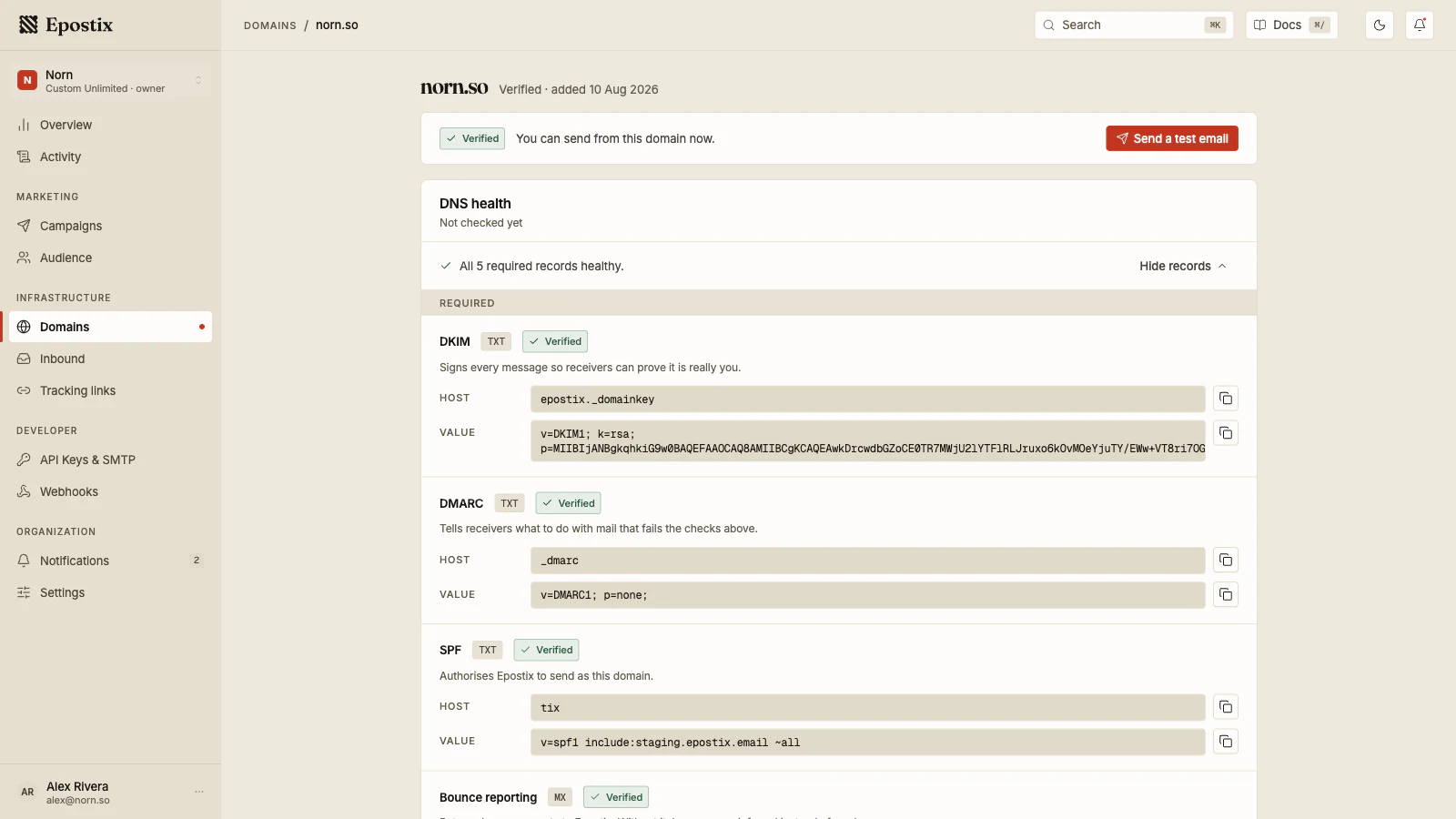 Epostix domain setup showing a verified sending domain and the required DKIM, DMARC, SPF and bounce-reporting DNS records.
