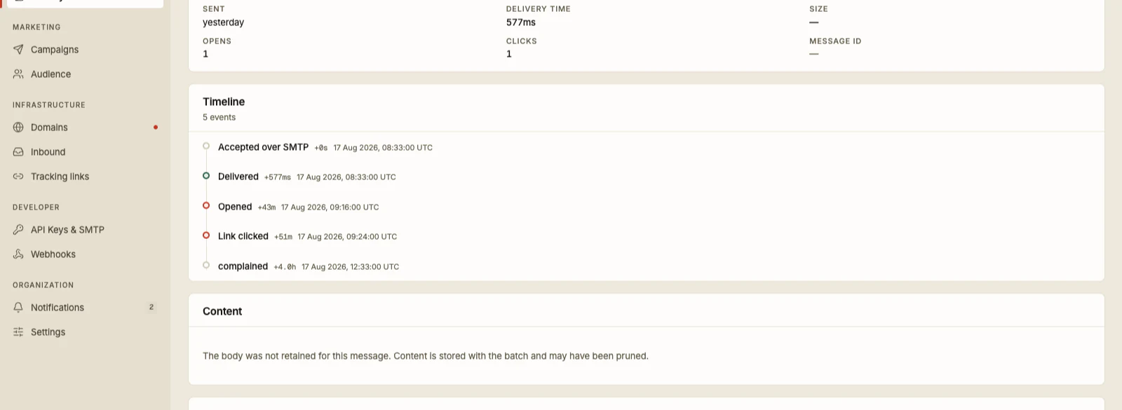 Epostix message detail showing the request accepted, delivered, then opened and clicked.