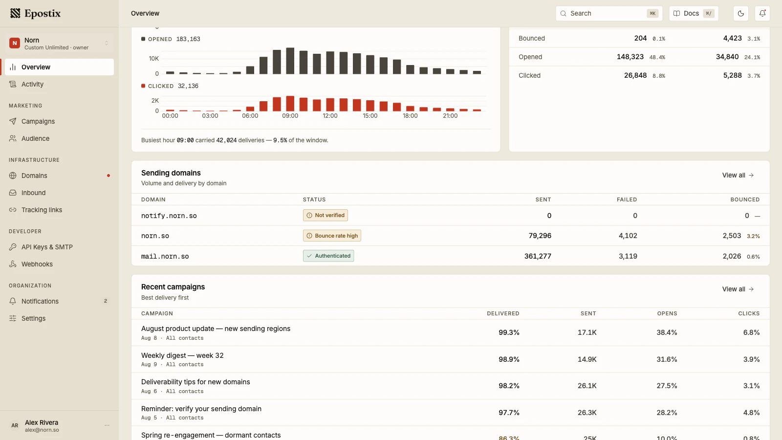 Epostix delivery overview showing sending-domain status, sent volume, failures, bounces and campaigns with weaker delivery.